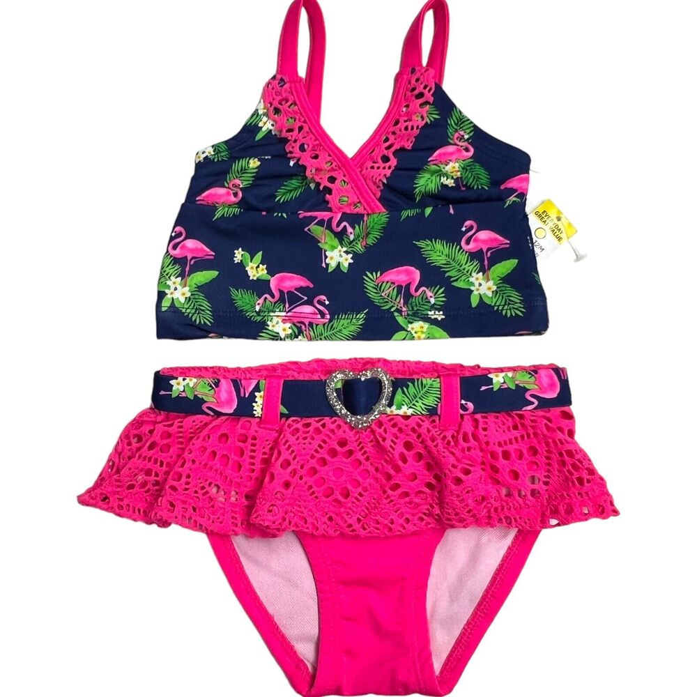 Lemon Kiss Navy Pink Flamingo Tropical Green Leaves Floral Bikini Girls‎ 12M